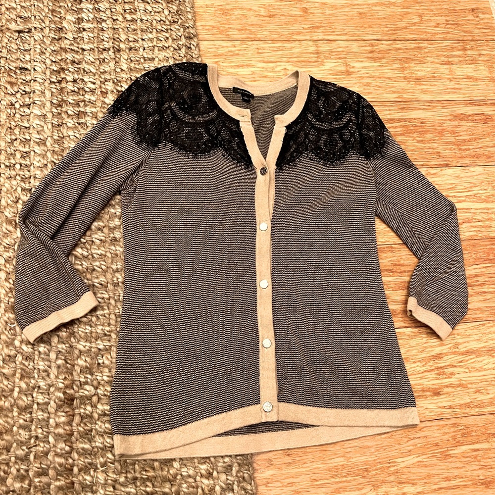 Ann Taylor Lace & Stripe Quarter Sleeve Cardigan